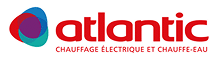 Logo Atlantic : Chauffage Électrique et Chauffe-Eau Logo Atlantic rouge avec icône abstraite en forme de triangle superposé bleu, rouge et turquoise, sous-titré "CHAUFFAGE ÉLECTRIQUE ET CHAUFFE-EAU".