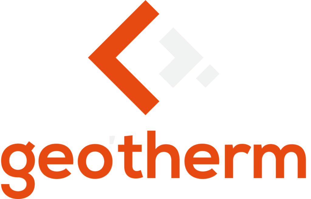 Logo Geotherm : symbole abstrait orange et blanc sur fond vert foncé, avec le texte « geotherm » en orange.